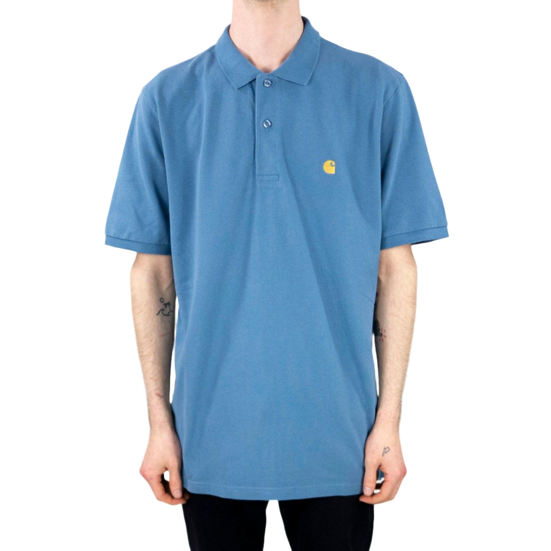 Carhartt WIP Chase Pique Polo T-Shirt - Icy Water / Gold exclusive at