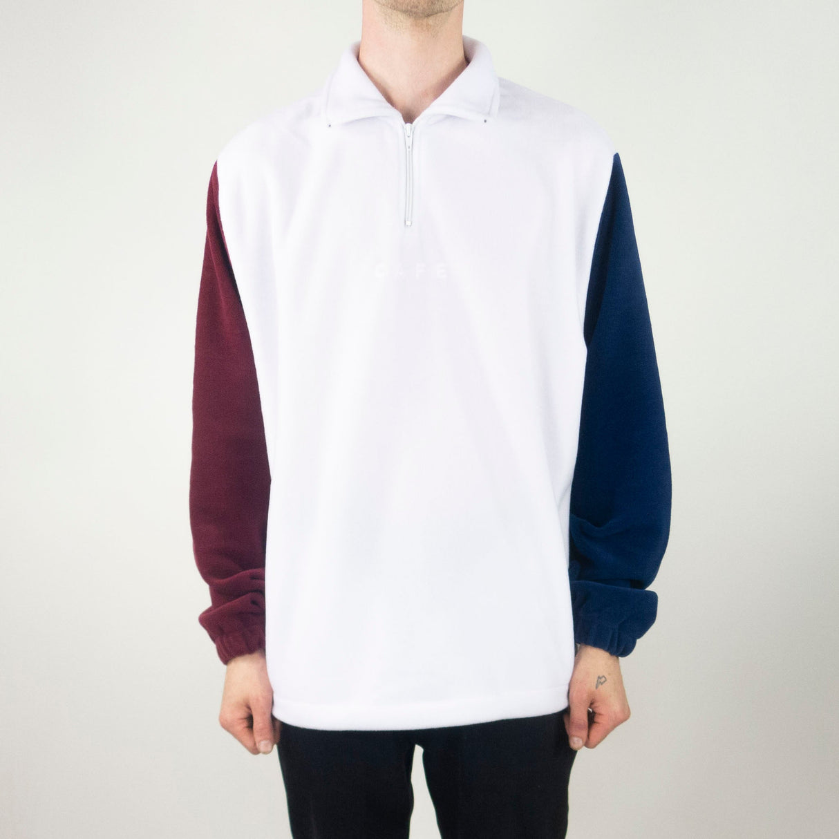 Skateboard Cafe 1/4 Zip Fleece Sweatshirt - White / Burgundy / Navy