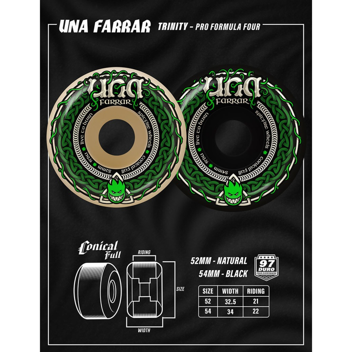 Spitfire Formula Four 97 Una Trinity Conical Full Skateboard Wheels - Black / 54MM
