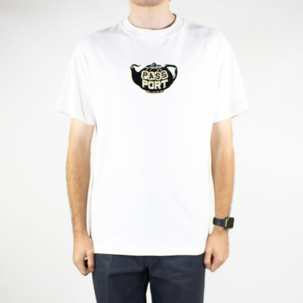 Pass Port Tea-Pot Embroidery T-Shirt - White