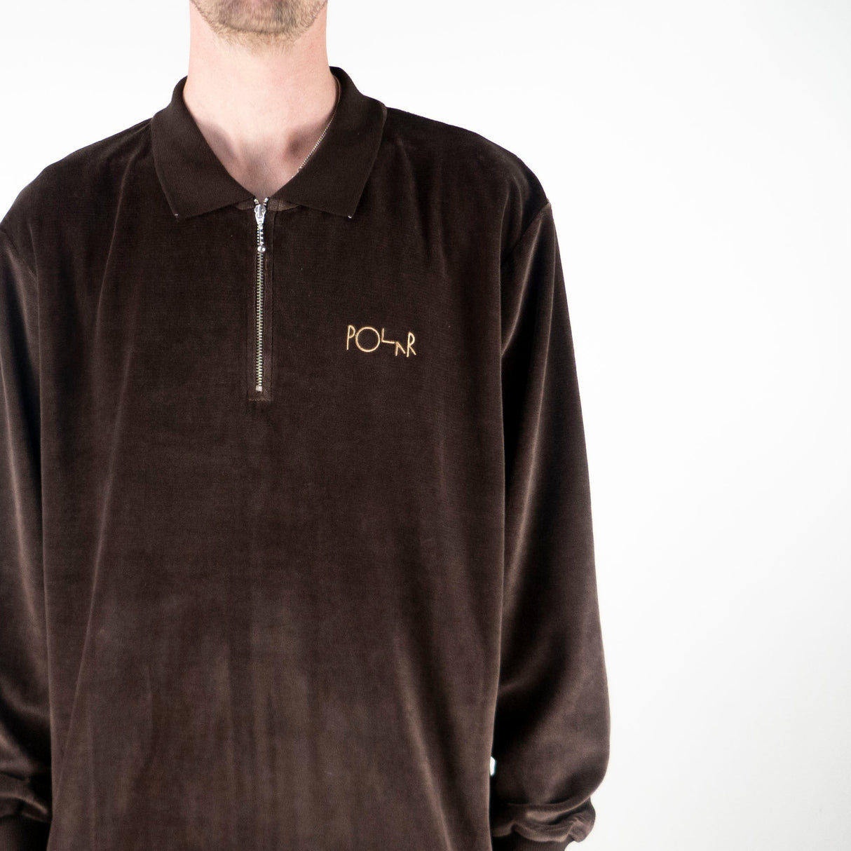 Polar Skate Co. Velour Long Sleeve Zip Polo Shirt - Brown