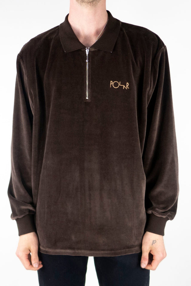 Polar Skate Co. Velour Long Sleeve Zip Polo Shirt - Brown